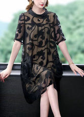 Boutique Schwarz Stehkragen Taschen Floral Patchwork Seide Mid Kleider Sommer