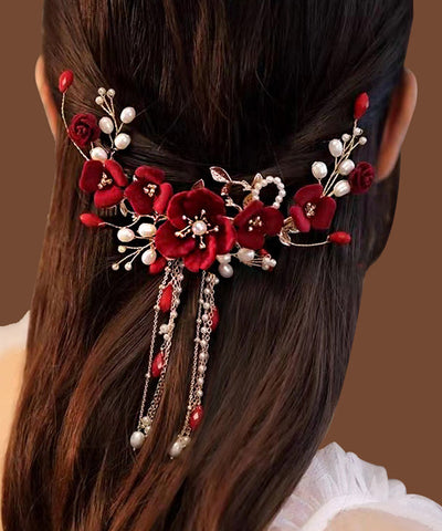 Horquilla de plata de ley roja con borla floral y perla dorada  Horquilla de plata de ley roja con borla floral y perla dorada