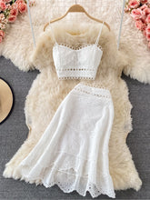 Sommer Casual Strand Röcke 2 Stück Set Frauen Elegante Hallow Out Ärmellose Tanks Tops A-Linie Röcke Anzug Weibliche Urlaub Outfits