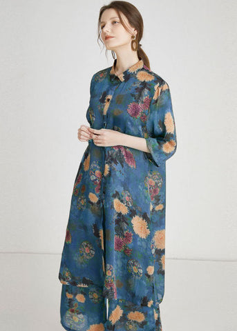 Conjunto de dos piezas de gasa con abertura lateral y estampado azul de moda para verano  Conjunto de dos piezas de gasa con abertura lateral y estampado azul de moda para verano