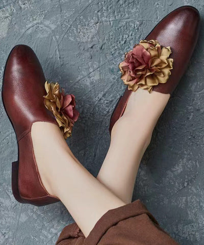 Retro Coffee Floral Splicing Loafer Shoes Cowhide Leather Pointed Toe Retro Coffee Floral Splicing Loafer Shoes Cowhide Leather Pointed Toe