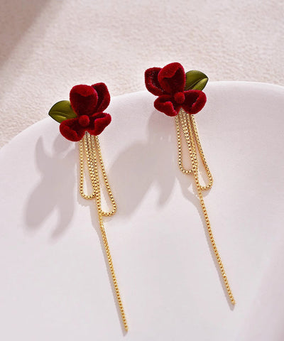 Handmade Mulberry Alloy Silk Velvet Gardenia Flower Tassel Drop Earrings Handmade Mulberry Alloy Silk Velvet Gardenia Flower Tassel Drop Earrings