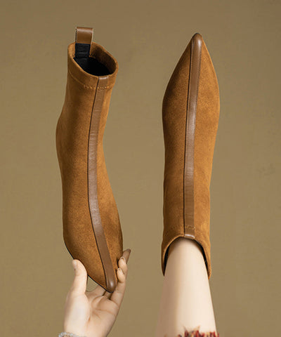Splicing Stiletto Boots Khaki Suede Pointed Toe Splicing Stiletto Boots Khaki Suede Pointed Toe