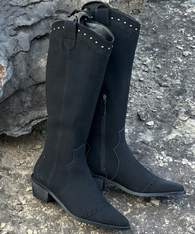 Art Splicing Chunky Boots Brown Suede Pointed Toe Rivet Art Splicing Chunky Boots Brown Suede Pointed Toe Rivet