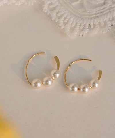Pendientes de aro con perlas doradas de plata de ley de moda  Pendientes de aro con perlas doradas de plata de ley de moda
