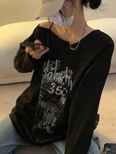Y2K T-shirt Fairy Grunge 2024 Vintage Letter Print Tops Black Autumn Off Shoulder Long Sleeved Korean Tees Loose Harajuku Shirt