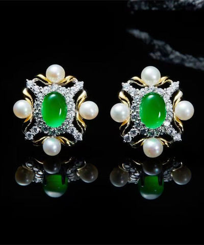 Pendientes de plata de ley verde con circón dorado y perla de jade  Pendientes de plata de ley verde con circón dorado y perla de jade