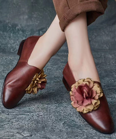 Retro Coffee Floral Splicing Loafer Shoes Cowhide Leather Pointed Toe Retro Coffee Floral Splicing Loafer Shoes Cowhide Leather Pointed Toe