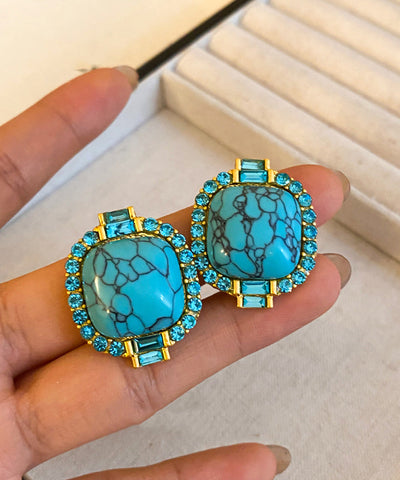 Pendientes de aleación azul retro con incrustaciones de circonita y turquesa  Pendientes de aleación azul retro con incrustaciones de circonita y turquesa