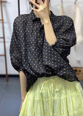 Lockere schwarze Baumwollblusen mit Peter-Pan-Kragen und halbem Ärmel