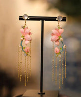 Pendientes colgantes con borlas de orquídea de jade y esmalte dorado de cobre rosa