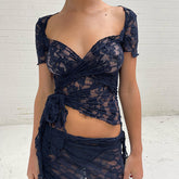 Elegantes Sommer-T-Shirt aus Spitze für Damen, Netzstoff, durchsichtig, sexy V-Ausschnitt, Krawatte, ausgehöhlt, bestickt, bauchfreies Top, lässig, schick