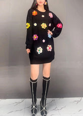 Vestido elegante de punto con patchwork floral y cuello redondo negro para otoño