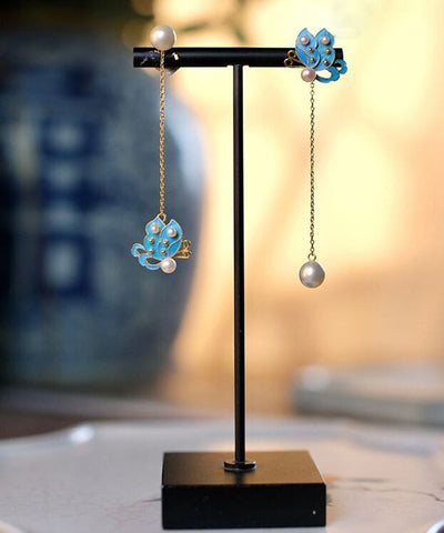 Handmade Blue Sterling Silver Overgild Pearl Asymmetric Butterfly Tassel Drop Earrings Handmade Blue Sterling Silver Overgild Pearl Asymmetric Butterfly Tassel Drop Earrings