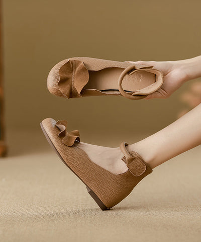 Khaki Ruffled Cowhide Leather Stylish Splicing Flats Buckle Strap Khaki Ruffled Cowhide Leather Stylish Splicing Flats Buckle Strap