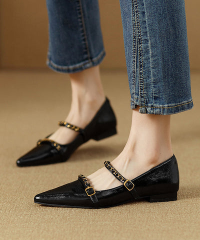 Classy Splicing Flat Shoes Black Cowhide Leather Pointed Toe Classy Splicing Flat Shoes Black Cowhide Leather Pointed Toe