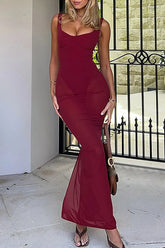 U-Ausschnitt Slim Fit Durchsichtiger Saum Slip Maxikleider-Burgund