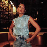 TARUXY Camisetas brillantes con diamantes de imitación para mujer, verano 2024, nuevas camisetas cortas transparentes para mujer, tops cortos sexis de moda para fiesta para mujer