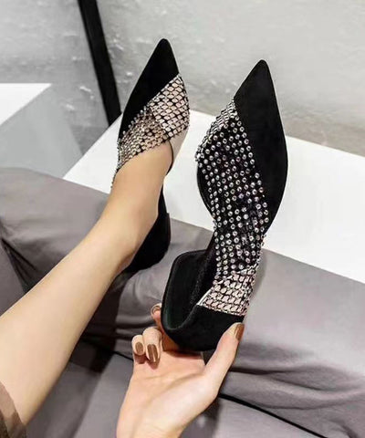 Black Suede Flat Feet Shoes Splicing Tulle Zircon Black Suede Flat Feet Shoes Splicing Tulle Zircon