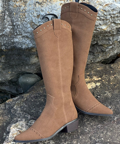 Art Splicing Chunky Boots Brown Suede Pointed Toe Rivet Art Splicing Chunky Boots Brown Suede Pointed Toe Rivet