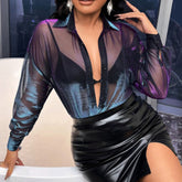 Spot Personalized Laser Magic Color Bright Silk See-through Long Sleeve Blouse