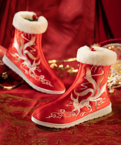 Boho Red Satin Embroidery Splicing Boots Fuzzy Wool Lined Boho Red Satin Embroidery Splicing Boots Fuzzy Wool Lined