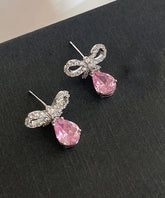 Cute Pink Sterling Silver Zircon Bow Water Drop Stud Earrings