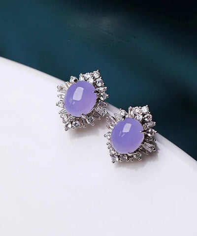 Fine Purple Sterling Silver Inlaid Zircon Jade Stud Earrings Fine Purple Sterling Silver Inlaid Zircon Jade Stud Earrings