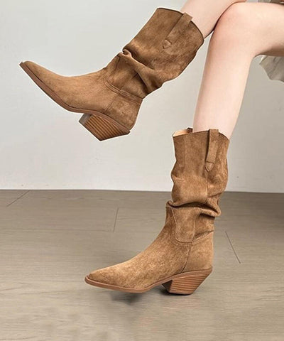 Boutique Splicing Chunky Boots Khaki Wildleder Spitzschuh  Boutique Splicing Chunky Boots Khaki Wildleder Spitzschuh