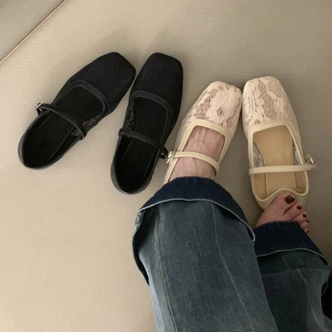 Zapatos planos Mary Jane de encaje para mujer, de verano, con punta cuadrada, de malla, bajos, con hebilla y correa, cómodos mocasines de ballet  Zapatos planos Mary Jane de encaje para mujer, de verano, con punta cuadrada, de malla, bajos, con hebilla y correa, cómodos mocasines de ballet
