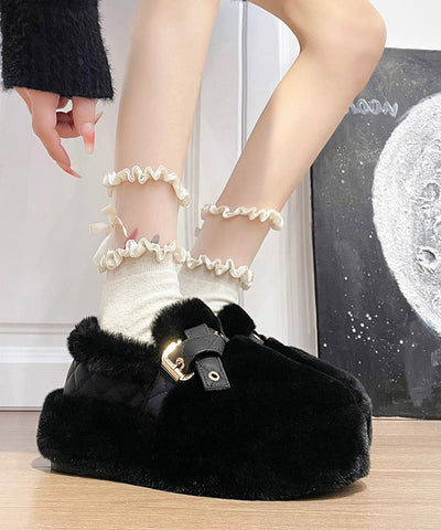 Black Fuzzy Wool Lined Platform Stylish Splicing Flat Shoes Black Fuzzy Wool Lined Platform Stylish Splicing Flat Shoes