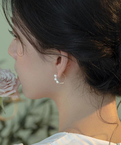 Pendientes de aro con perlas doradas de plata de ley de moda  Pendientes de aro con perlas doradas de plata de ley de moda