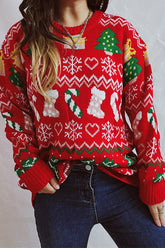 Suéter de punto de cuello redondo y manga larga con estampado navideño