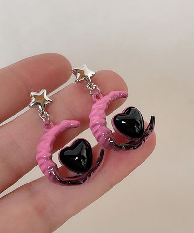 Gradient Color Pink Sterling Silver Alloy Glass Moon Love Drop Earrings Gradient Color Pink Sterling Silver Alloy Glass Moon Love Drop Earrings