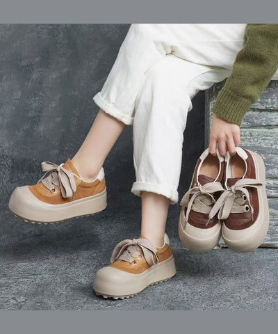 Lässige Splicing Plateau Flache Schuhe Braun Rindsleder Schnürschuhe  Lässige Splicing Plateau Flache Schuhe Braun Rindsleder Schnürschuhe