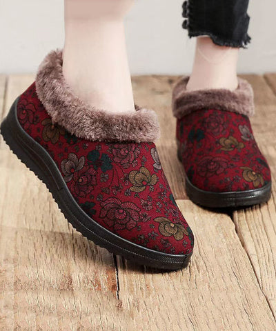 Zapatos planos de tela de algodón con estampado rojo y forro de lana afelpada  Zapatos planos de tela de algodón con estampado rojo y forro de lana afelpada