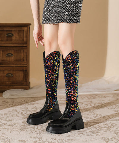 Black Chunky Faux Leather Stylish Splicing Sequins Boots Black Chunky Faux Leather Stylish Splicing Sequins Boots