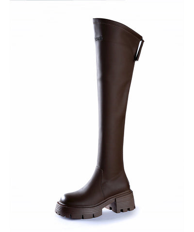 Coffee Splicing Zippered Chic Chunky Heel Knee Boots Coffee Splicing Zippered Chic Chunky Heel Knee Boots