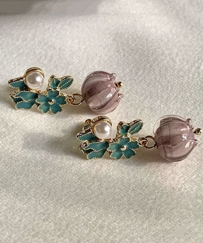 Pendientes colgantes de aleación de plata de ley azul retro con flores de linglan esmaltadas en color  Pendientes colgantes de aleación de plata de ley azul retro con flores de linglan esmaltadas en color