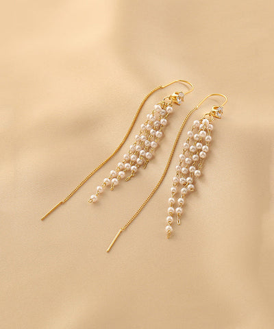 Pendientes colgantes con borlas de perlas de aleación de plata esterlina y oro de moda  Pendientes colgantes con borlas de perlas de aleación de plata esterlina y oro de moda