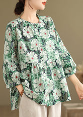 Camisetas con cuello redondo, botones y mangas arrugadas, color verde único