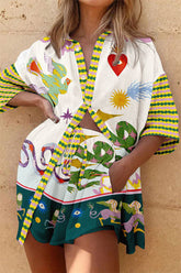 Conjunto de blusa extragrande con estampado único de mezcla de lino Hillary y pantalones cortos con bolsillos y cintura elástica