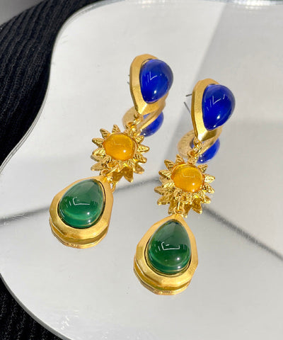 Pendientes de gota de agua con cristales esmaltados de colores y plata de ley dorada retro  Pendientes de gota de agua con cristales esmaltados de colores y plata de ley dorada retro