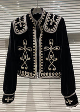 Nuevos abrigos de terciopelo de seda con patchwork de circonitas y cuello alto negro para otoño