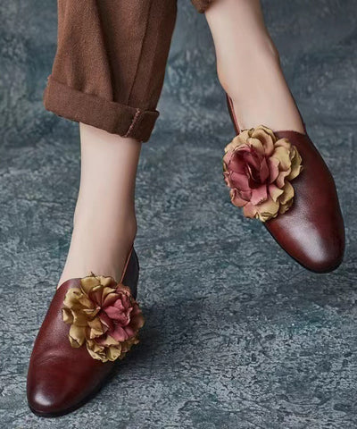 Retro Coffee Floral Splicing Loafer Shoes Cowhide Leather Pointed Toe Retro Coffee Floral Splicing Loafer Shoes Cowhide Leather Pointed Toe