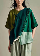 Mattgrüne Patchwork-Leinenbluse Tops Asymmetrische Sommer