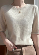 French Apricot O-Ausschnitt Warmer Kaschmirpullover Tops Halbarm