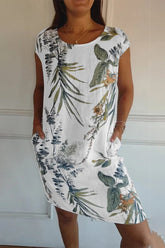 Vestido casual con estampado floral, cuello redondo y bolsillos