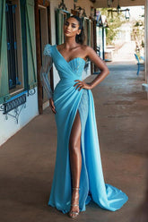 Blue Long Sleeve Prom Dress Mermaid Split With Sequins One Shoulder