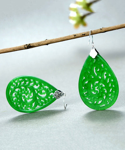 Pendientes colgantes de jade Tocantins con detalles calados en plata de ley dorada retro  Pendientes colgantes de jade Tocantins con detalles calados en plata de ley dorada retro